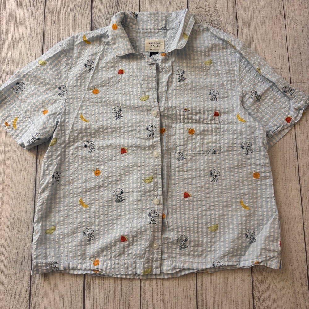 American Eagle AE Lounge Peanuts Snoopy Fruit Seersucker Shirt Women's M Blue